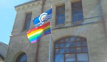 The Gay Pride flag flying at Goderich Town Hall for Gay Pride Month. June 1st, 2017 (Photo by Bob Montgomery)