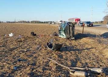 A vehicle involved in a rollover crash in a field off Road 164 near Line 55 in West Perth, March 21, 2025. Photo provided by Perth OPP