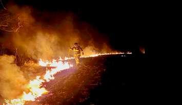 A firefighter battling a small wildfire near the Saugeen River, April 22, 2025. Photo provided by Saugeen Fire and Emergency Services.