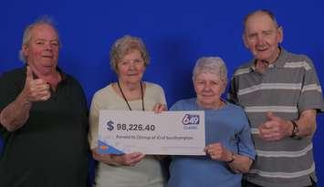 James Mahon of Port Elgin, Ronald Mahon, Joyce Smith, and Marie Jones of Southampton won the second prize in the April 12 Lotto 6/49 draw. Photo provided by OLG
