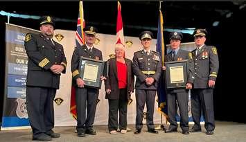 From left to right: Phil Eagelson, Fire Chief- Owen Sound Fire and Emergency Services, Jeff Gautreau, Fire Chief- Inter-Township Fire Department, Mayor Sue Carleton, Township of Georgian Bluffs,  Thomas Carrique, Ontario Provincial Police Commissioner, Jay Gow, Firefighter Owen Sound Fire and Emergency Services, Jason Redmond, Training Officer Owen Sound Fire and Emergency Services (Photo provided by Township of Georgian Bluffs)