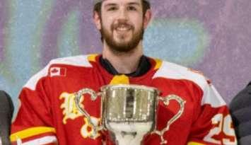 Hanover Barons goaltender Derek Hartley with the Schmalz Cup (Photo provided by Hanover Barons account on X)
