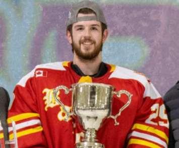 Hanover Barons goaltender Derek Hartley with the Schmalz Cup (Photo provided by Hanover Barons account on X)