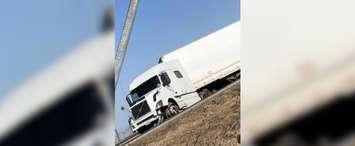 The scene after a transport truck slid into the median of the Hwy. 401 near Bloomfield Road, Chatham. March 12, 2019. (Photo by Natasha Willboughby)